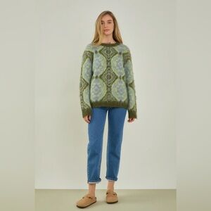 English Factory Green & Light Blue Patterned Crewneck Sweater
